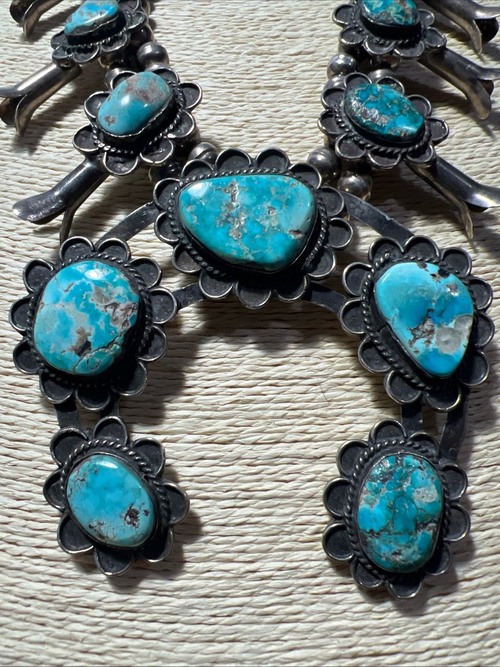 Vintage 60s Navajo Bisbee Turquoise .925 Silver Squash Blossom 24”Necklace 220g - Picture 2 of 14